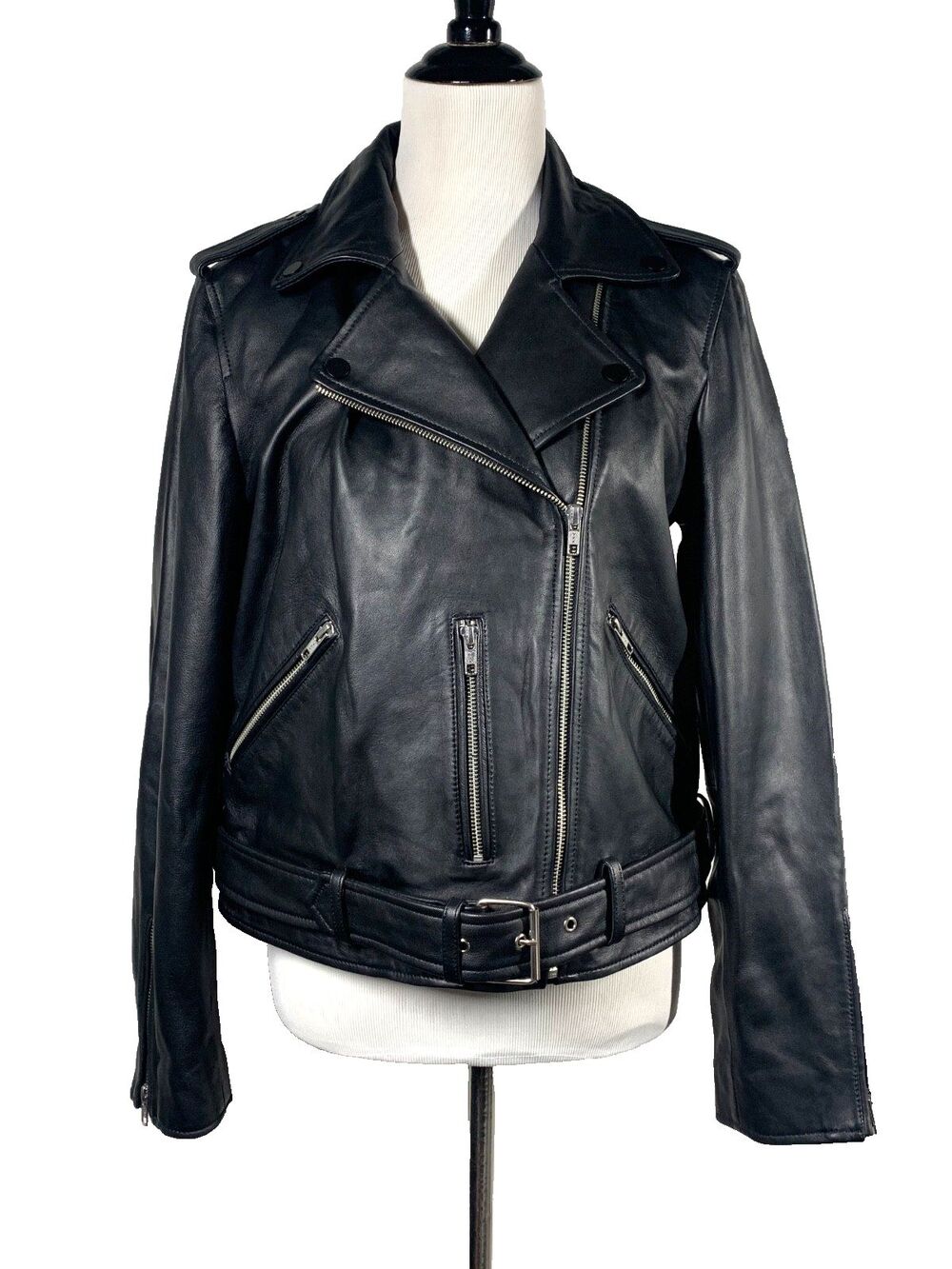 Quince Black Leather Motorcycle Jacket Womens Large L Asymmetrical Biker Moto
